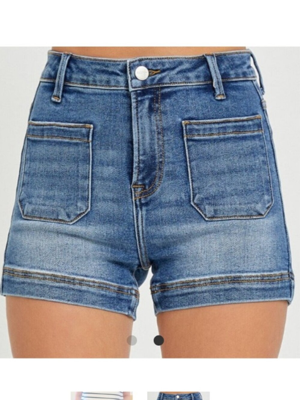 High-Rise Blue Denim Patch-Pocket Shorts